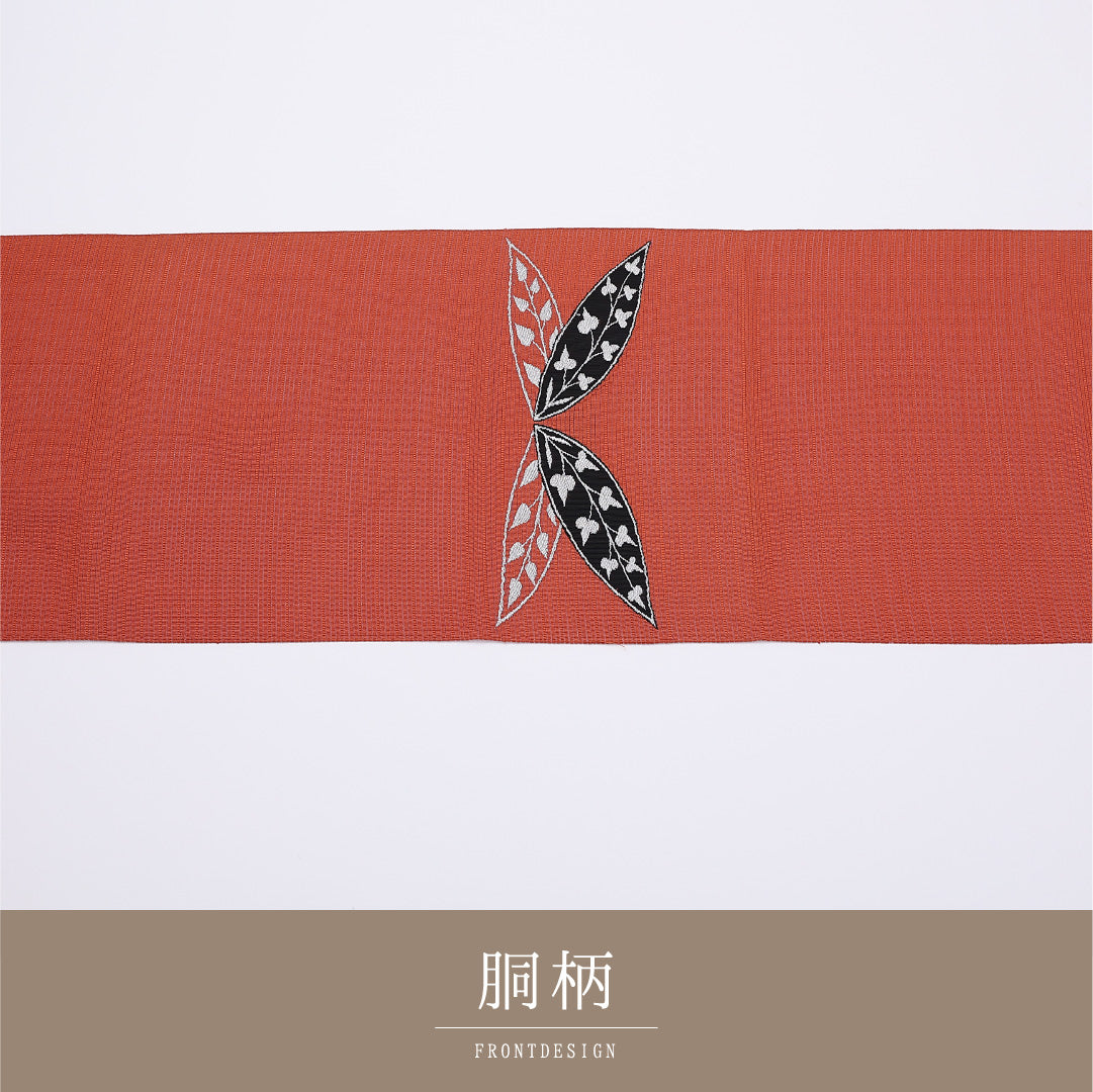 名古屋帯 夏帯 帯丈344cm ポイント柄 松葉仕立て Sランク カジュアル 植物柄 銀糸 絽 正絹 朱系 1224-01354