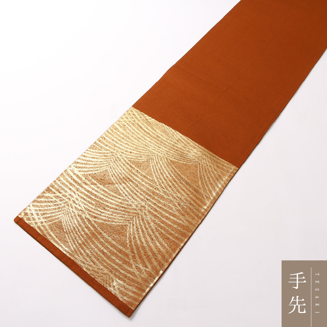 袋帯 帯丈416cm 正絹 六通 セミフォーマル 創作柄 茶系 金系 1243-01726