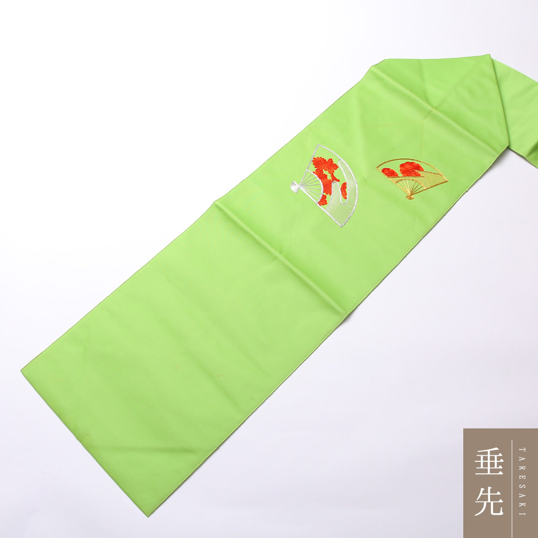 名古屋帯 ポイント柄 帯丈356cm セミフォーマル Aランク 正絹 銀駒刺繍 扇 緑系 1224-02489