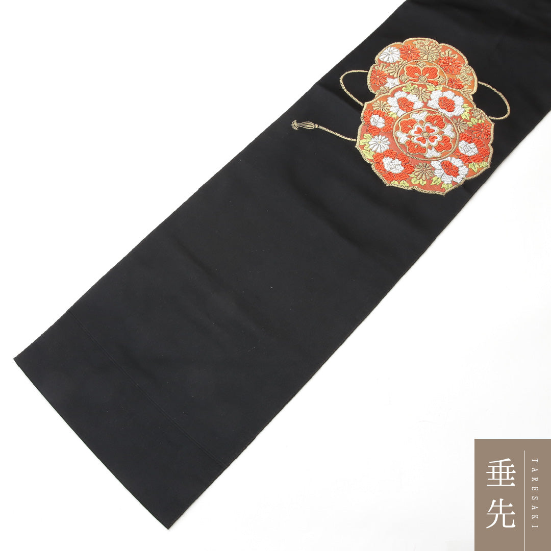 名古屋帯 ポイント柄 帯丈344cm セミフォーマル Sランク 正絹 組紐 宝相華 黒系 1224-02138