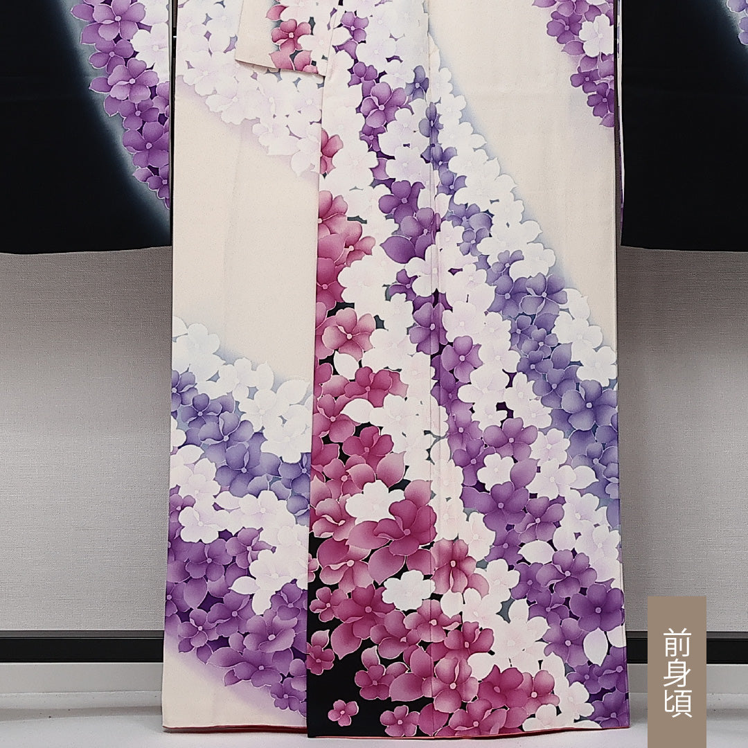 振袖 身丈162cm 裄丈67.5cm Aランク 正絹 袷 広衿 L 花柄 フォーマル 華やか ボタニカル 白系 1213-F0607