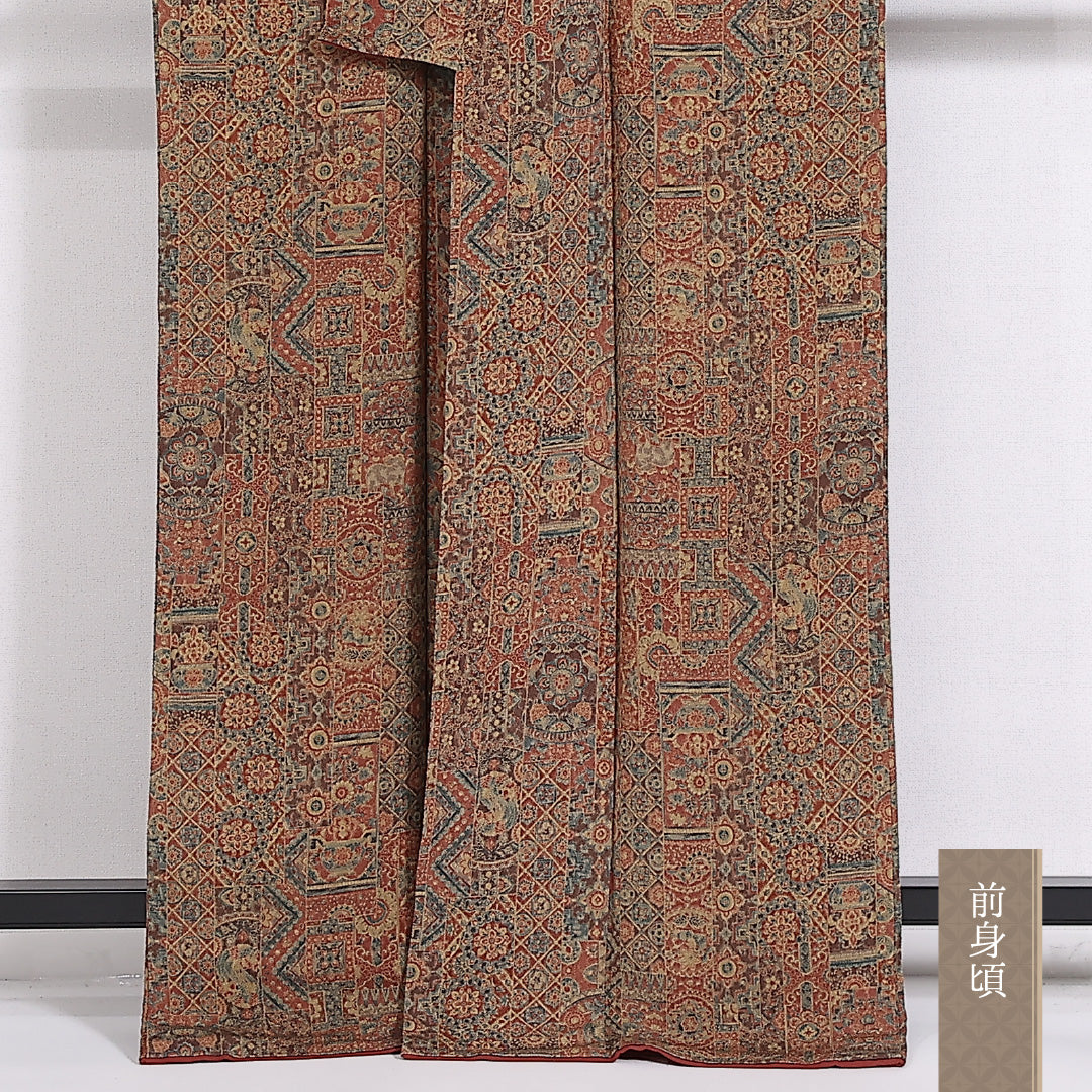小紋 袷 身丈165cm 裄63cm 正絹 更紗 茶系 ちりめん Sランク 1215-02475