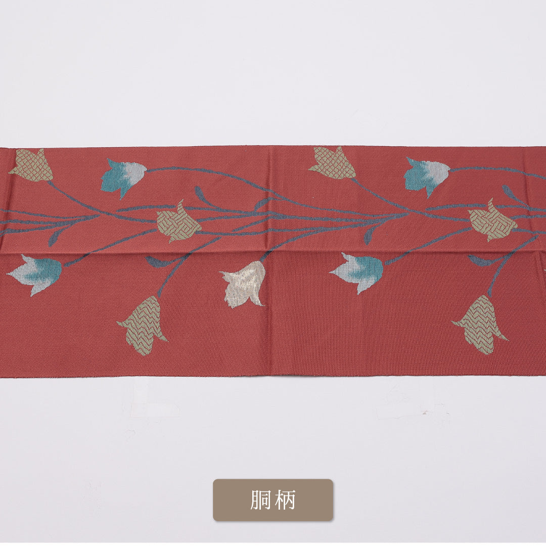 名古屋帯 帯丈350cm 六通 松葉仕立て Bランク カジュアル チューリップ 正絹 朱系 1224-00898