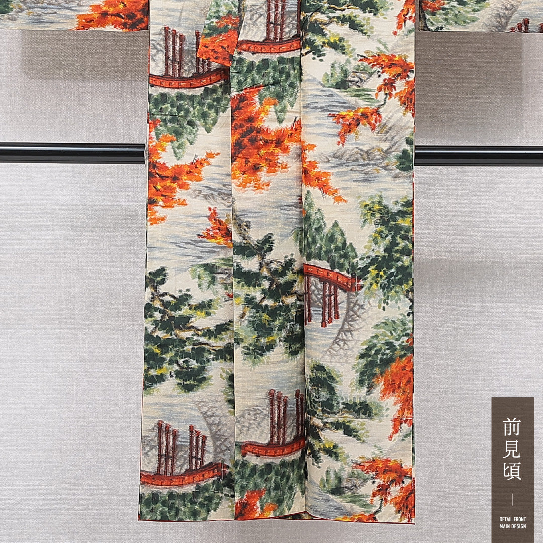 アンティーク 紬(銘仙) 袷 身丈144cm 裄丈61cm 正絹 Aランク XSサイズ バチ衿 橋 松 クリーム系 多色系 1216-15624