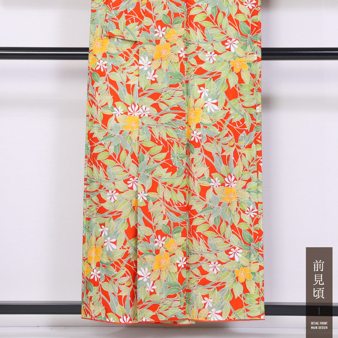 洗える着物 小紋 袷 身丈154cm 裄丈64cm ポリエステル Sランク インフォーマル 広衿 Sサイズ 植物柄 赤系 RP 1221-11452