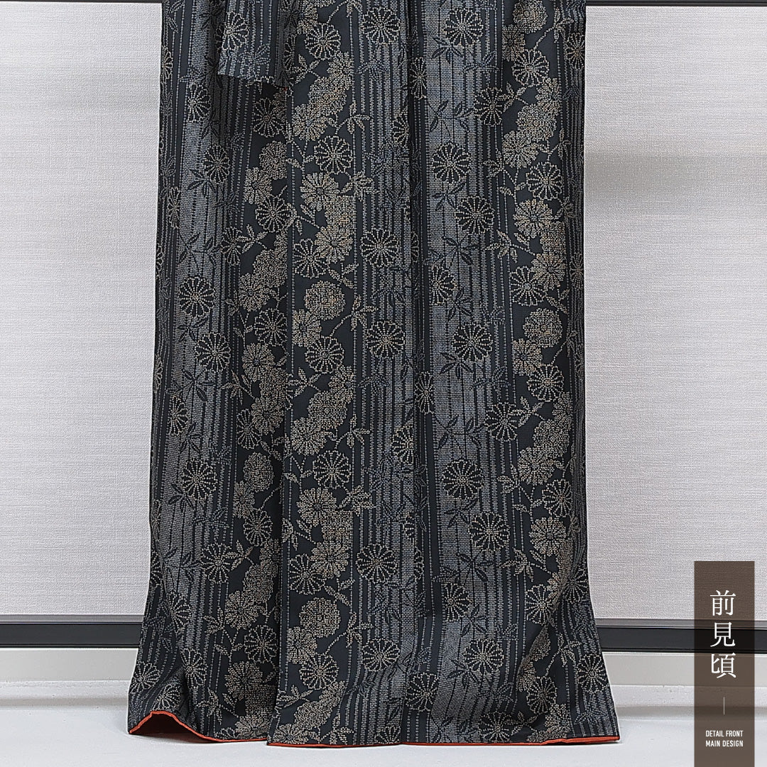 紬 袷 身丈165cm 裄丈64cm 正絹 Sランク カジュアル 広衿 XLサイズ 菊 グレー系 RP 1223-15630