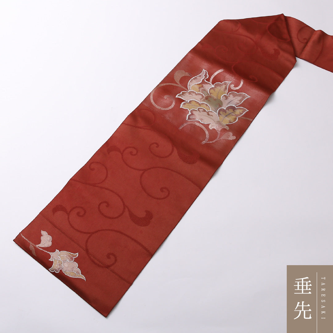 八寸名古屋帯 Sランク 帯丈343cm 正絹 ポイント柄 名古屋仕立て 帯芯なし 織り インフォーマル 唐草華文 赤系 LP 1245-02580