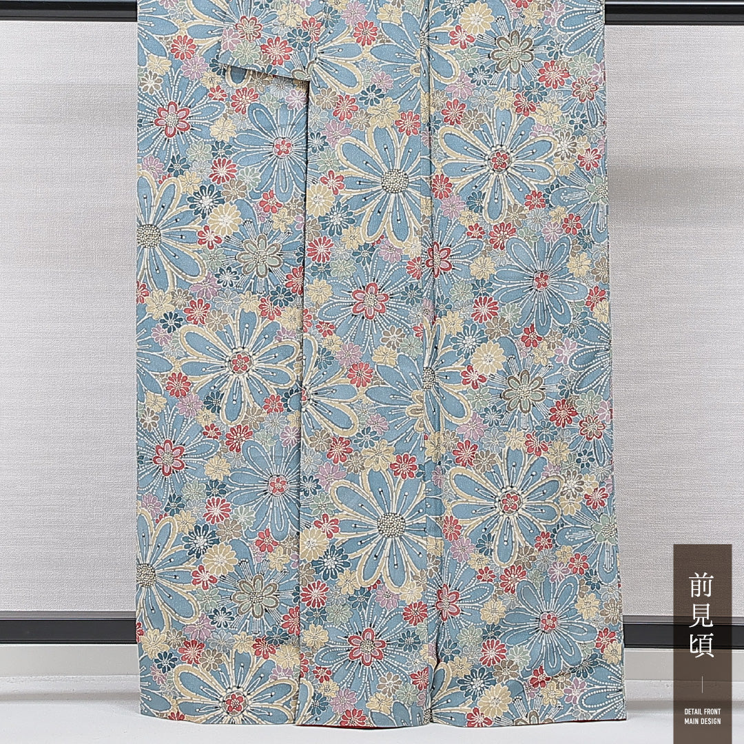 小紋 袷 身丈162cm 裄丈63cm 正絹 Aランク インフォーマル 広衿 Lサイズ 菊 水色系 HP 1221-15622