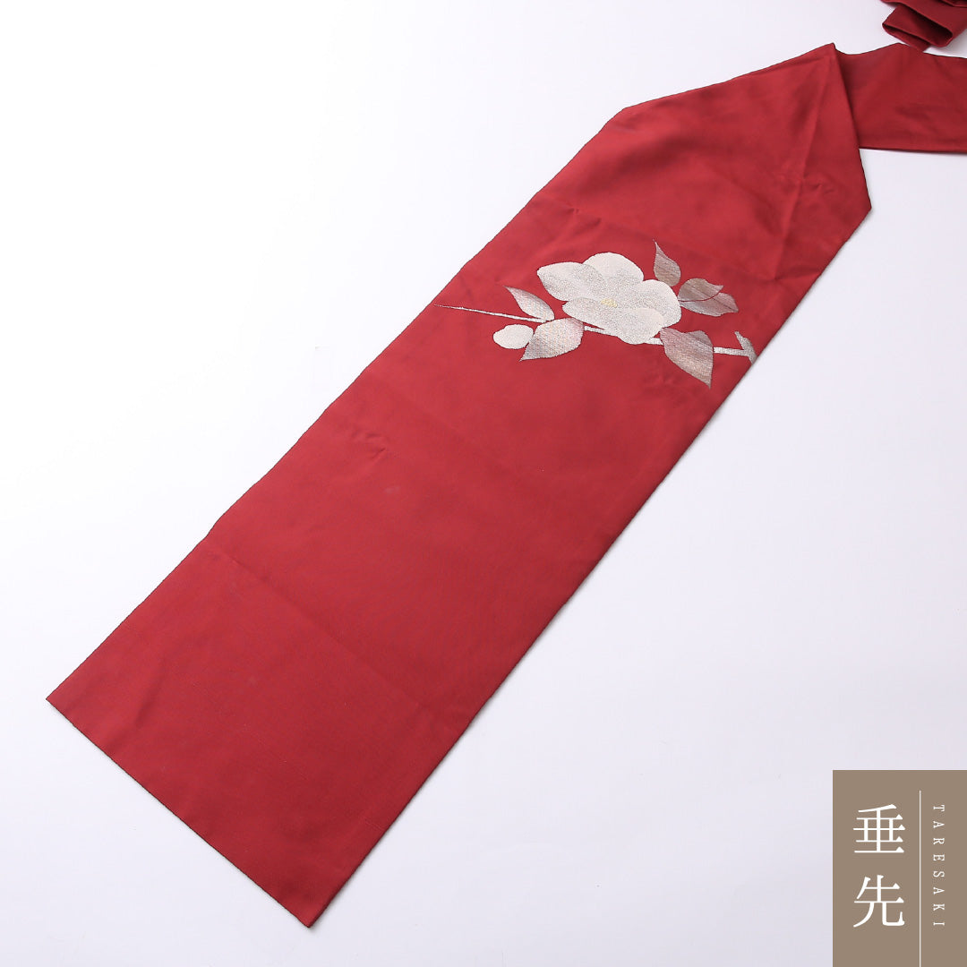 名古屋帯 ポイント柄 帯丈354cm セミフォーマル Cランク 正絹 綴れ織 椿 上品 シンプル 赤系 1224-02604