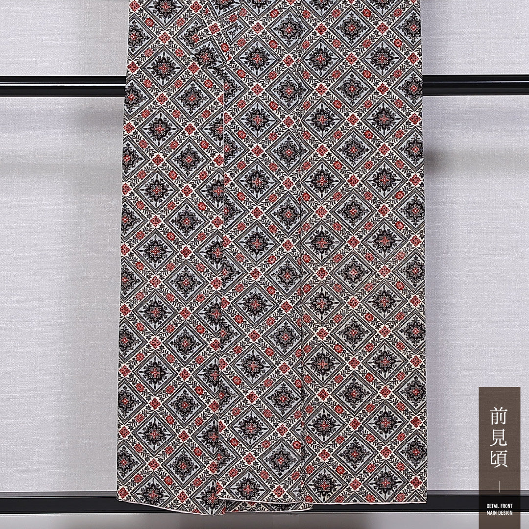 小紋 袷 身丈152cm 裄丈63cm 正絹 Bランク インフォーマル バチ衿 Sサイズ 菱 クリーム系 RP 1221-11254