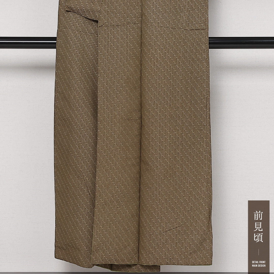 アンティーク お召 袷 身丈140cm 裄丈63cm 正絹 Bランク 広衿 XSサイズ 幾何学柄 茶系 RP 1222-13614