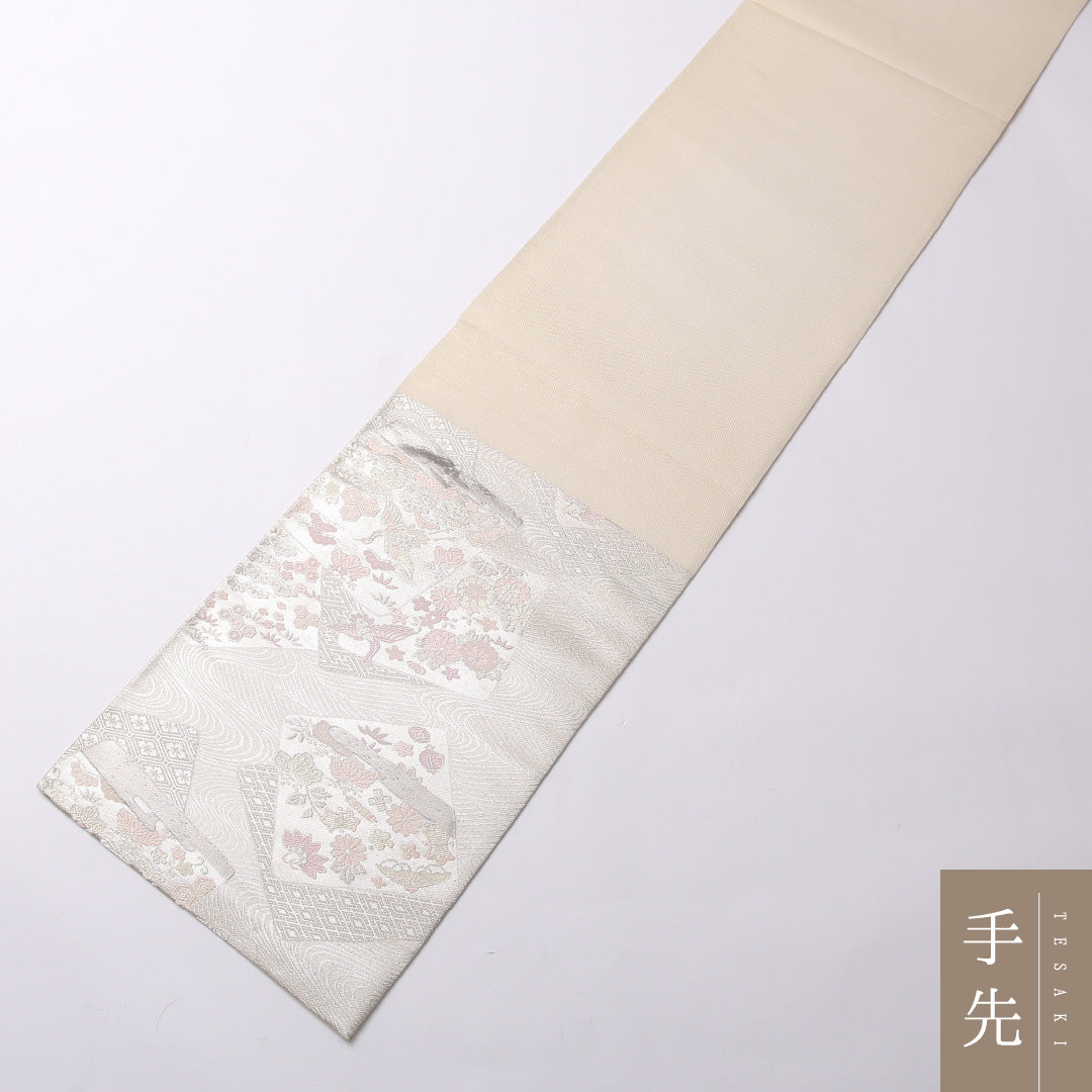 袋帯 帯丈432cm 六通 フォーマル Sランク 正絹 鶴 吉祥文様 古典的 格調高い 銀系 1223-01604