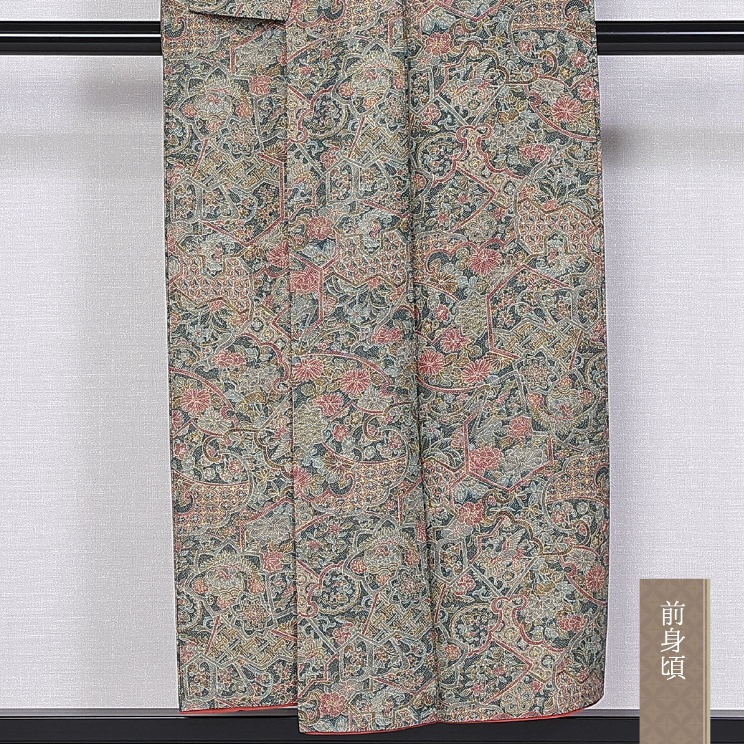 小紋 袷 身丈151cm 裄丈62cm 正絹 Sランク インフォーマル 広衿 Sサイズ 唐草 花柄 緑系 RP 1221-10532