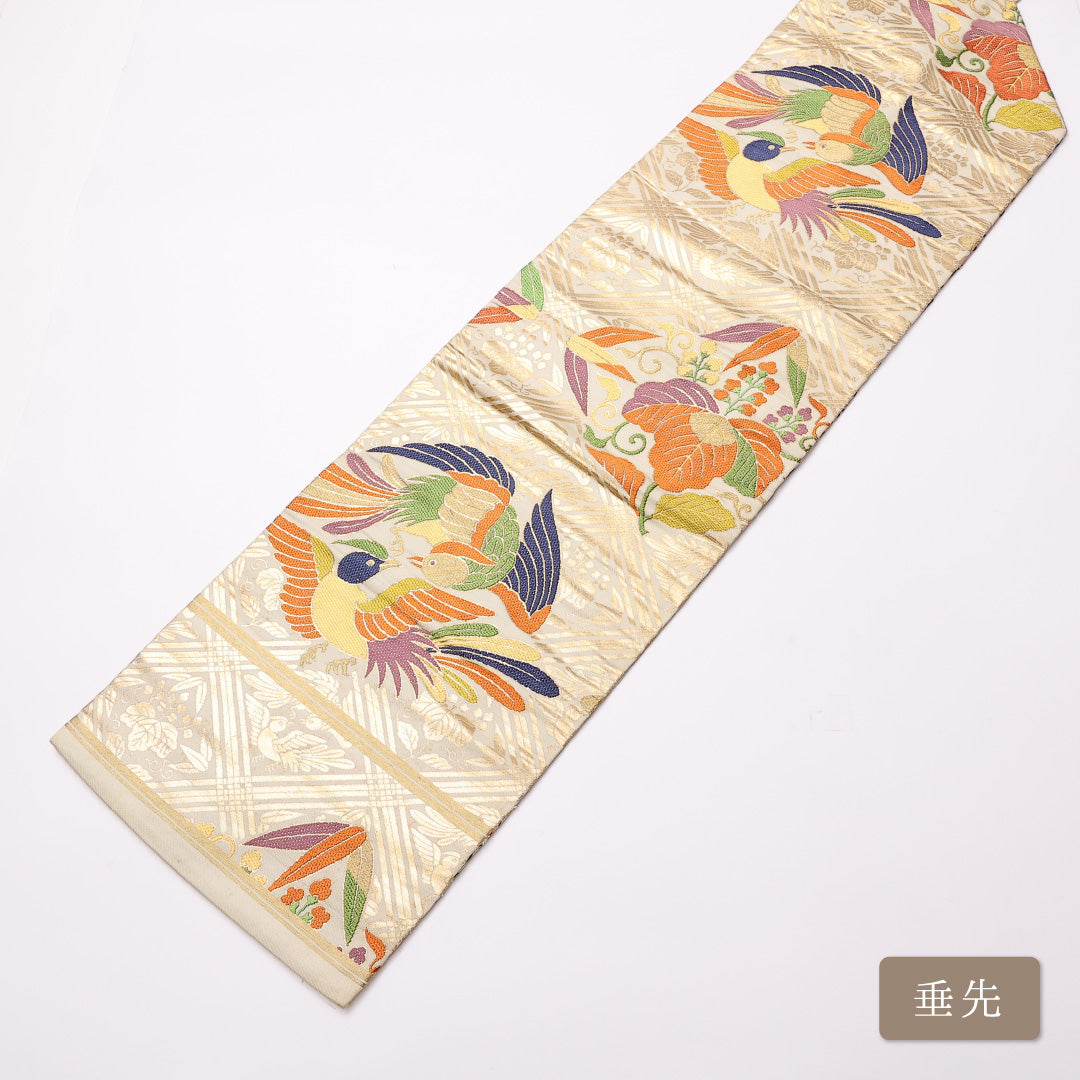 アンティーク 九寸名古屋帯 Aランク 帯丈334cm 正絹 全通 名古屋仕立て 織り 向かい鳥 金系 RP 1245-01095