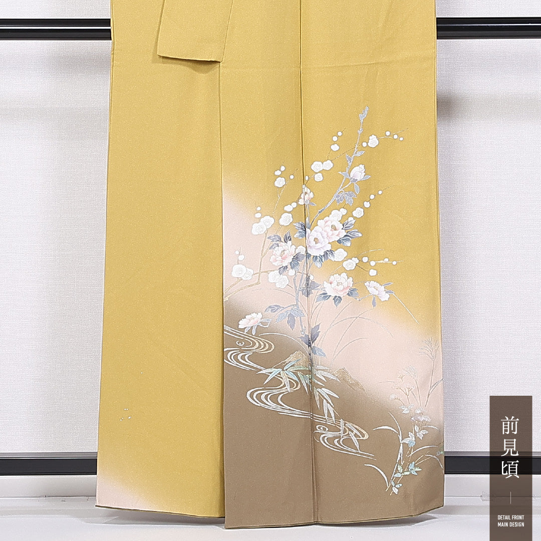 訪問着 袷 身丈158cm 裄丈63cm 正絹 Aランク セミフォーマル 広衿 Mサイズ ぼかし染 引箔 流水 牡丹 黄系 RP 1217-11180