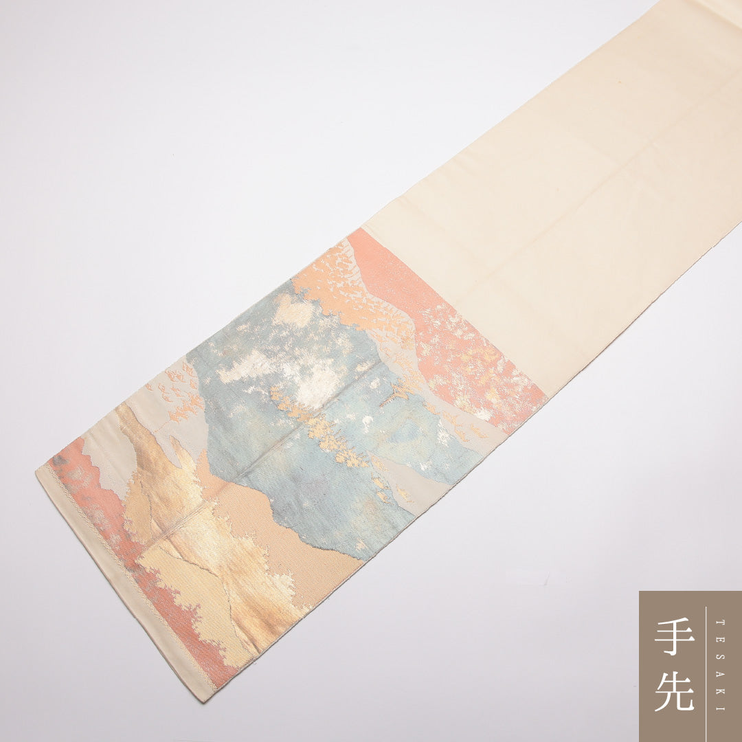 袋帯 帯丈422cm 正絹 六通 川島織物 セミフォーマル こはく錦 寺社 遠山 落款 クリーム系 1243-01332