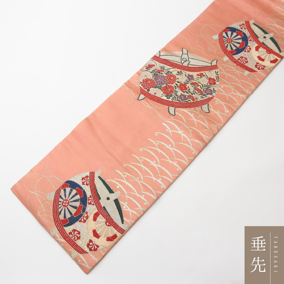 アンティーク 名古屋帯 六通 帯丈322cm Cランク 正絹 繰り車 吉祥文様 ピンク系 1224-02133