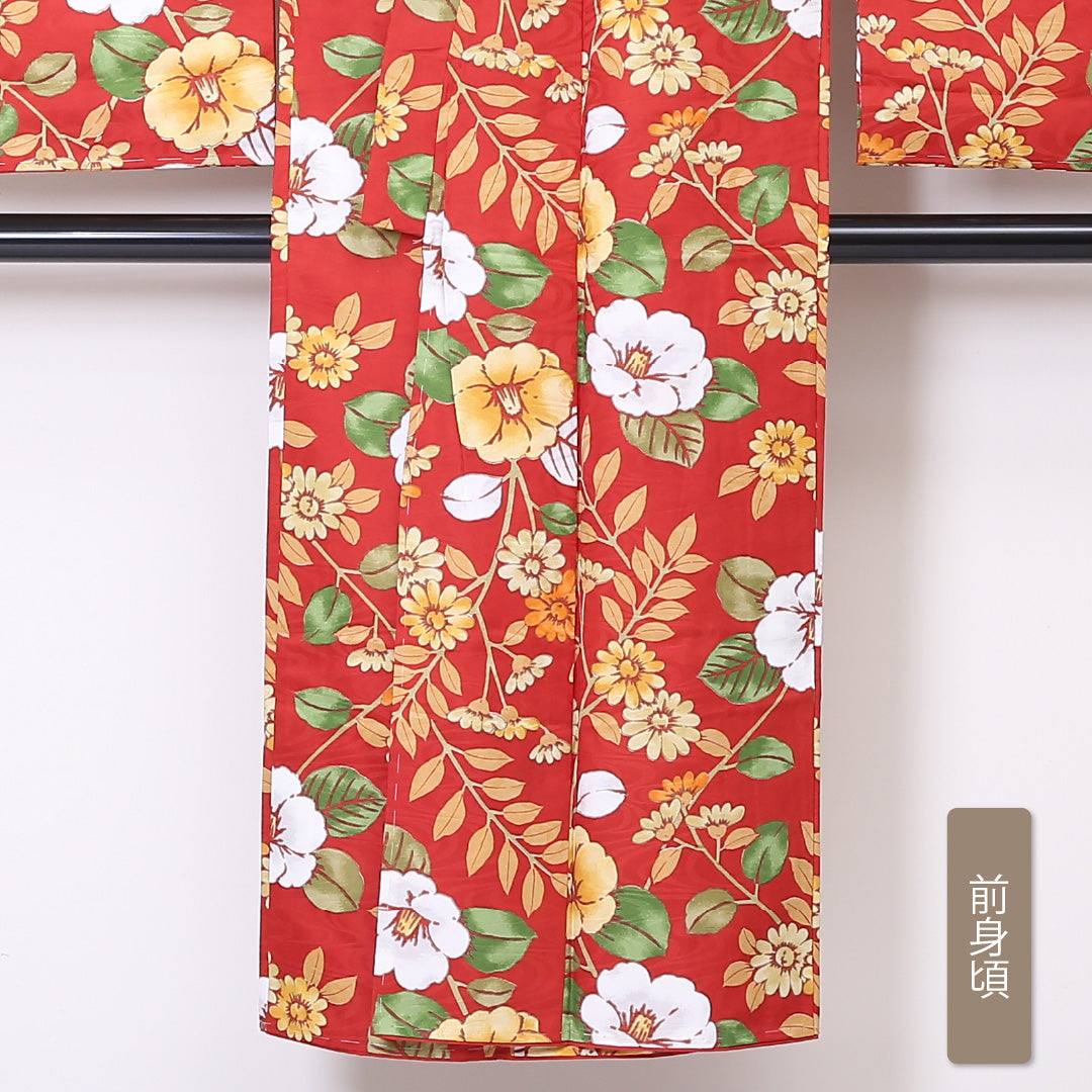小紋 袷 身丈141cm 裄丈59cm 正絹 Sランク インフォーマル バチ衿 XSサイズ 椿 赤系 RP 1221-01967
