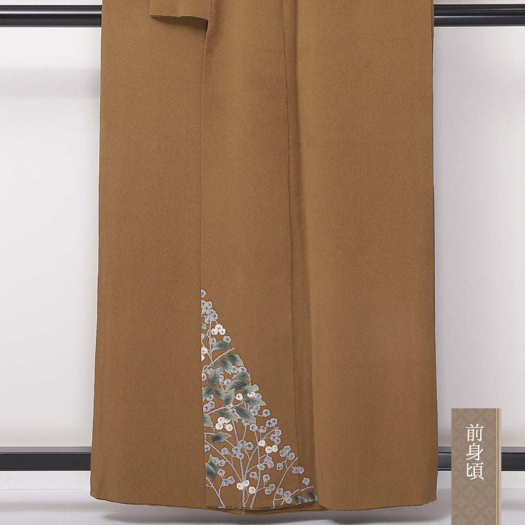 付下げ 袷 身丈159cm 裄丈67cm 正絹 Bランク Mサイズ 広衿 三つ紋(三つ巴) フォーマル 団栗色 植物柄 茶系 1261-04614