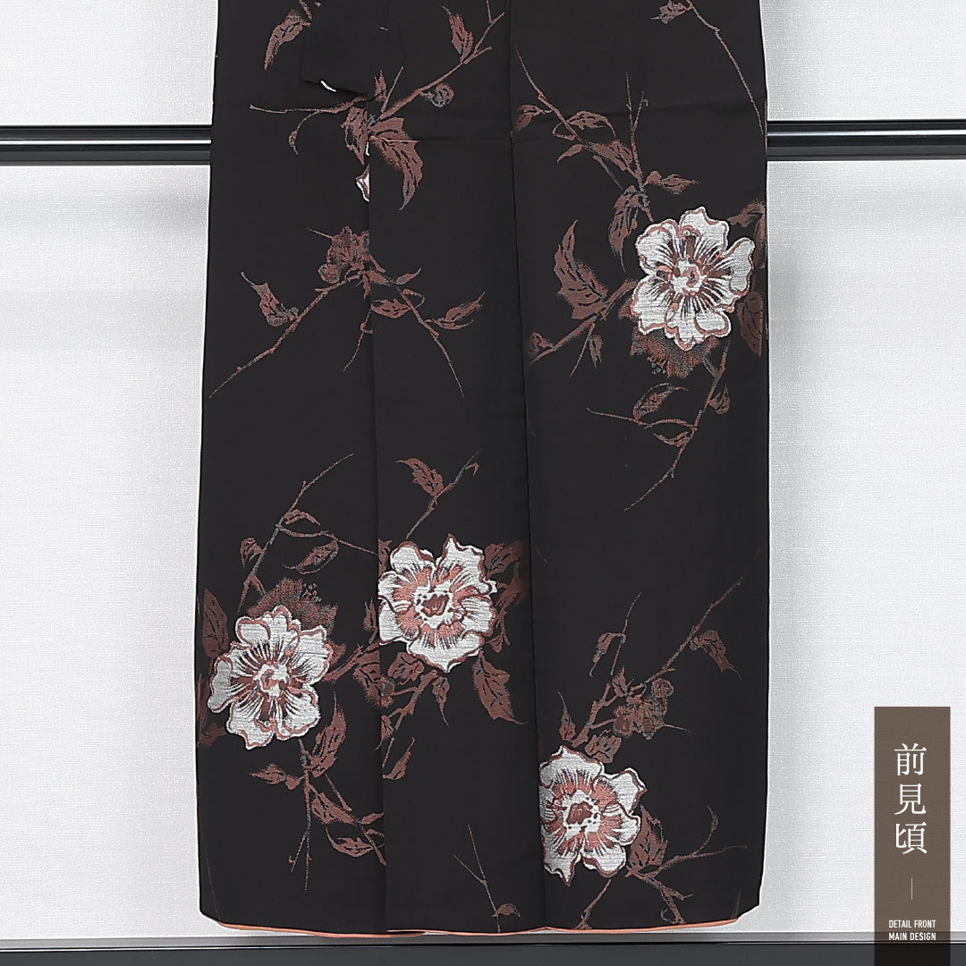 アンティーク お召 袷 身丈147cm 裄丈63cm 正絹 Bランク バチ衿 XSサイズ 花柄 黒系 M4 1222-11990