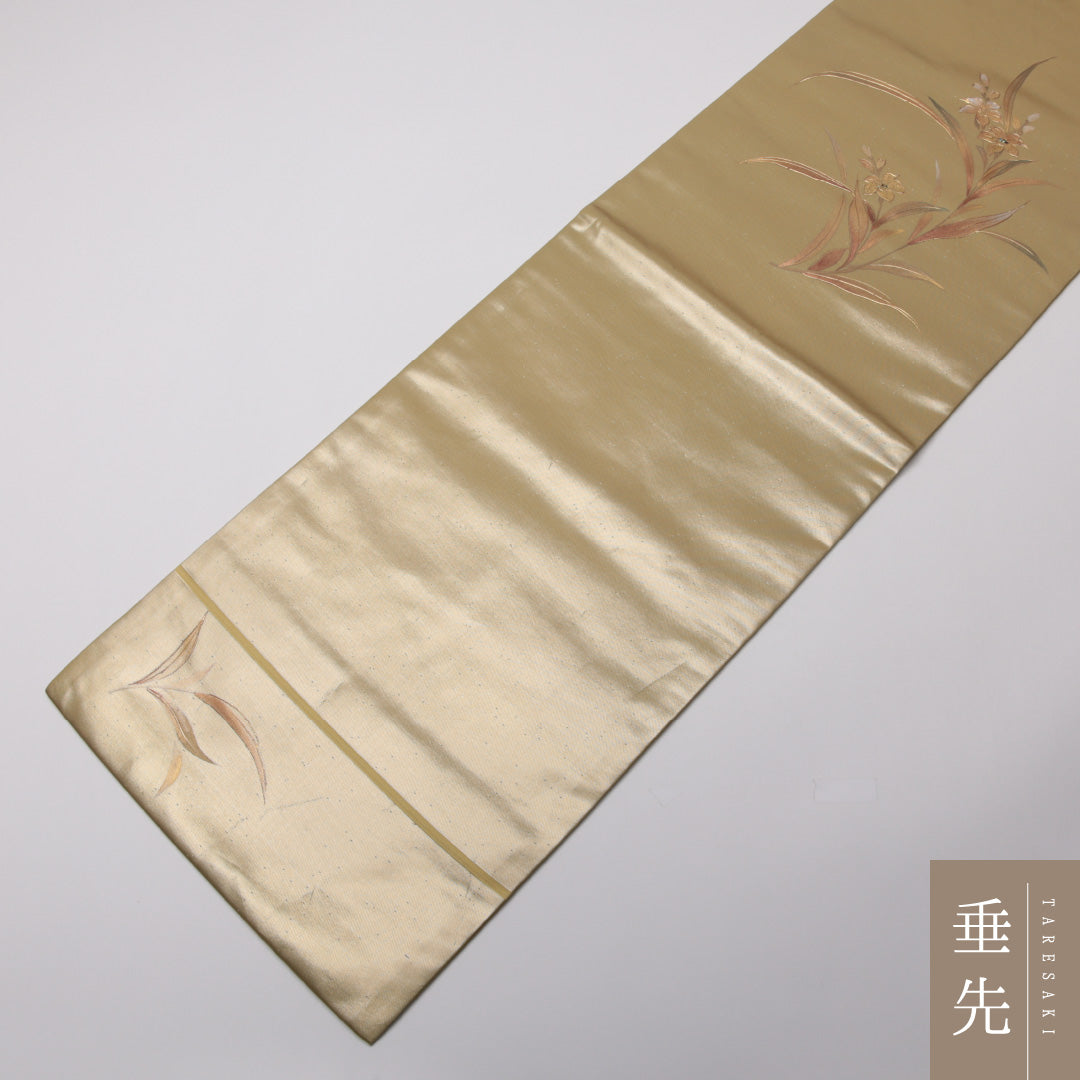 九寸名古屋帯 Bランク 帯丈372cm 正絹 六通 名古屋仕立て 織り セミフォーマル 琳派 水仙 黄系 RP 1245-01581