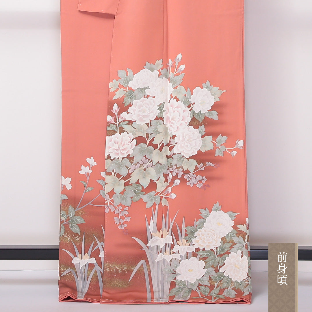 未使用品 色留袖 三つ紋 丸に立ち沢瀉 身丈168cm 裄丈66cm Nランク 正絹 袷 広衿 XL 落款 しつけ糸 金彩 牡丹 セミフォーマル 朱系 1211-F0271