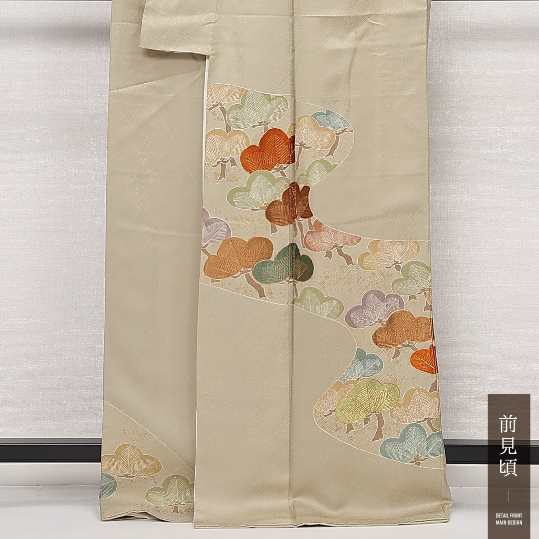 色留袖 五つ紋 丸に五三桐 身丈165cm 裄丈65cm Bランク 正絹 袷 比翼 広衿 XL 刺繍 金駒刺繍 松 フォーマル 抽象的 優しい 金系 1211-F0557