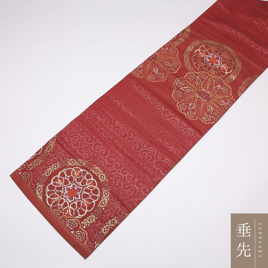 アンティーク 名古屋帯 帯丈326cm Aランク 名古屋仕立て ポイント柄 正絹 宝相華 セミフォーマル 赤系 1224-01462