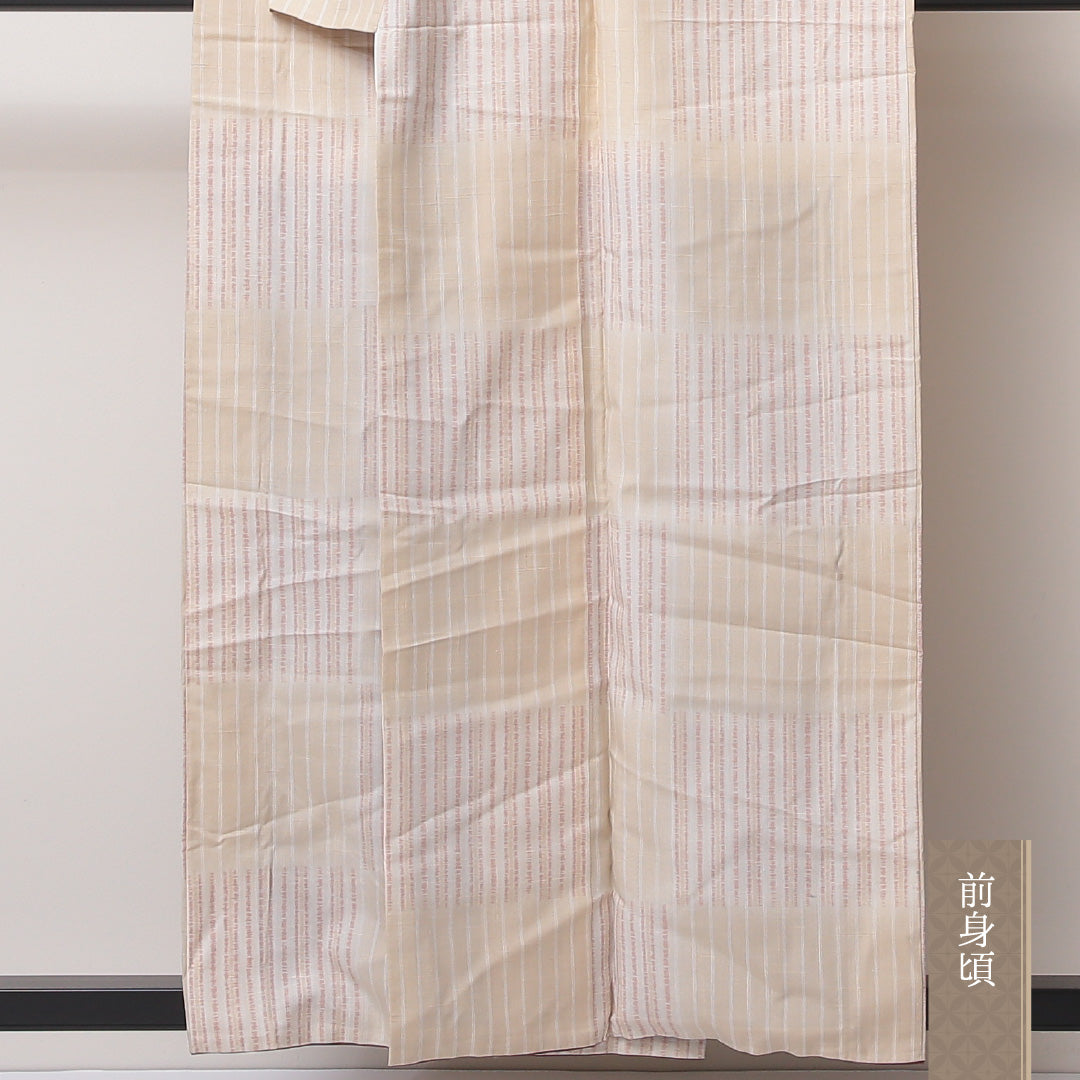 紬 袷 身丈155cm 裄丈65cm 正絹 Sランク カジュアル 広衿 Mサイズ 縞 クリーム系 RP 1223-03518
