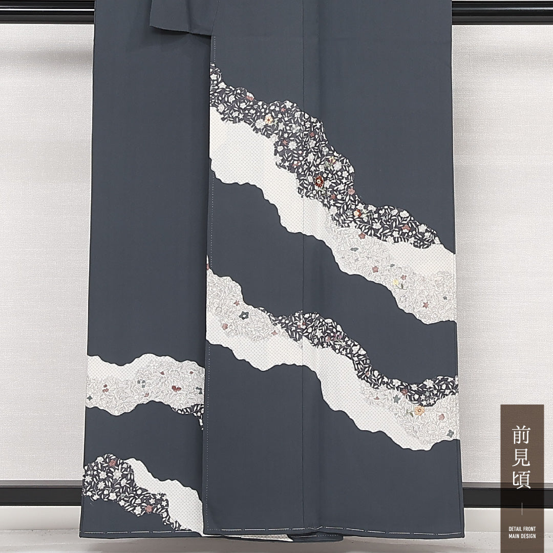 訪問着 袷 身丈158cm 裄丈63cm 正絹 Sランク セミフォーマル 広衿 Mサイズ 道長取り 花柄 上品 落ち着き グレー系 M4 1217-13246