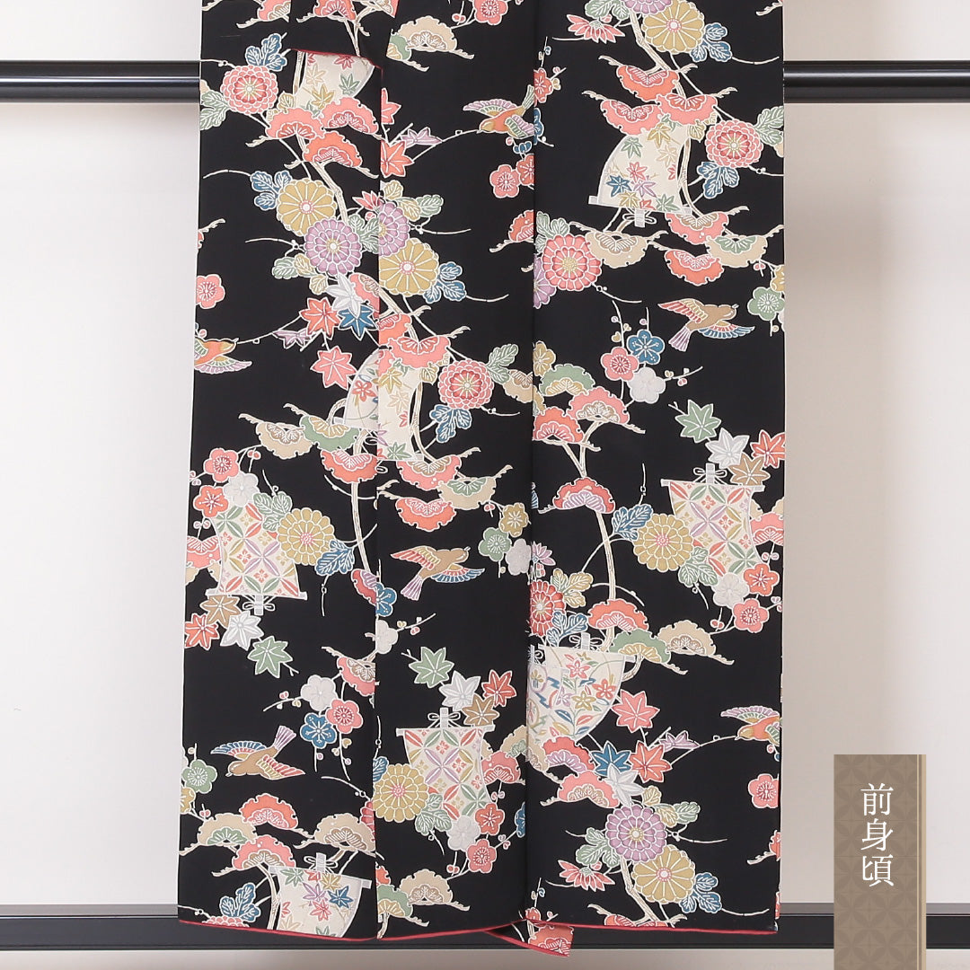 小紋 袷 身丈152cm 裄丈62cm 正絹 Aランク インフォーマル 広衿 Sサイズ 花鳥文 黒系 RP 1221-02142