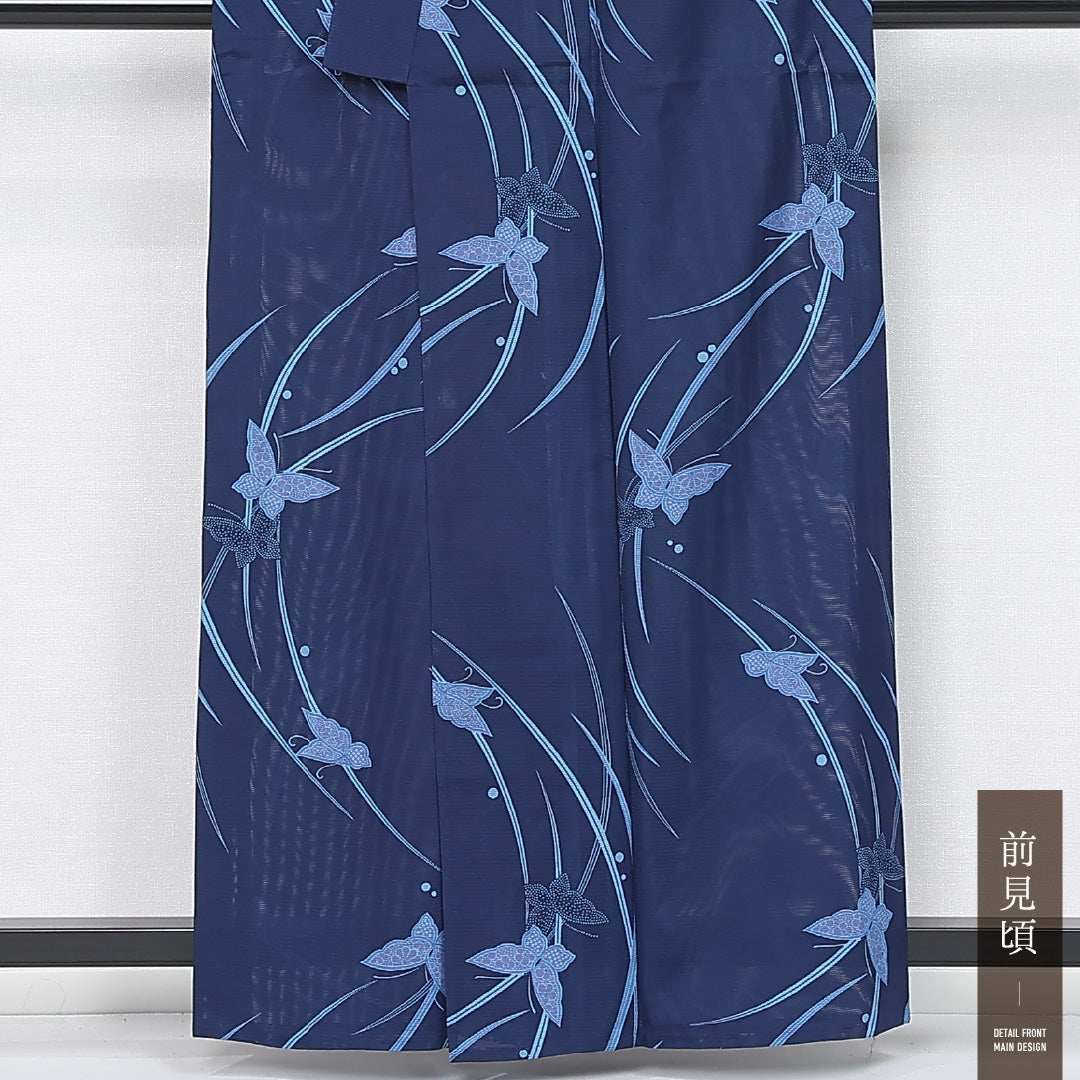 小紋 身丈159cm 裄丈66cm Bランク M 正絹 絽 バチ衿 露芝草 蝶 カジュアル 青系 1215-12160