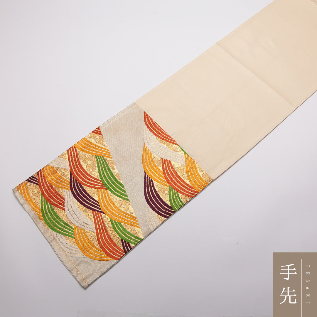 袋帯 帯丈420cm 六通 青海波 フォーマル クリーム系 正絹 Aランク 1223-01334