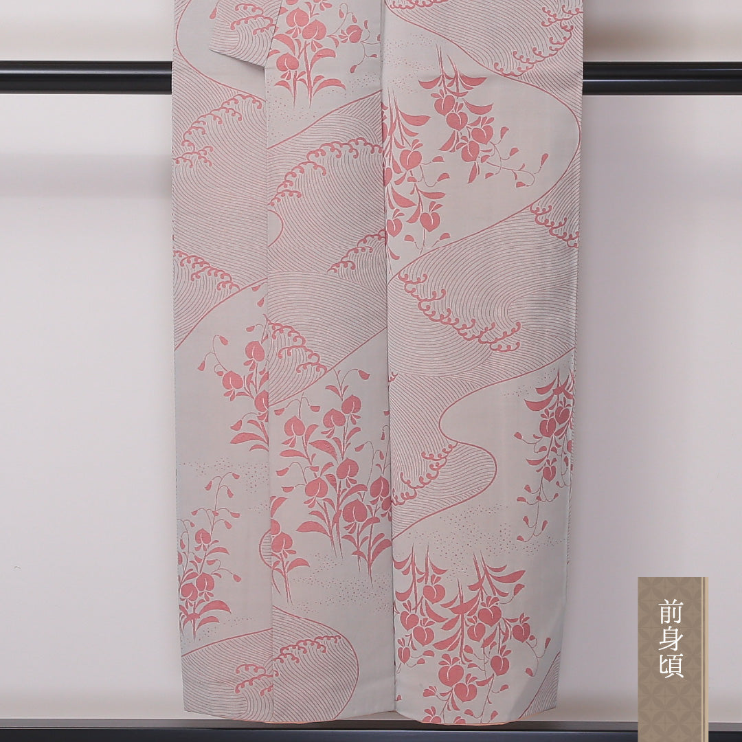 アンティーク 紬 袷 身丈159cm 裄62.5cm 正絹 お召 桃 流水 波頭 砂色 グレー系 Cランク 1216-01085