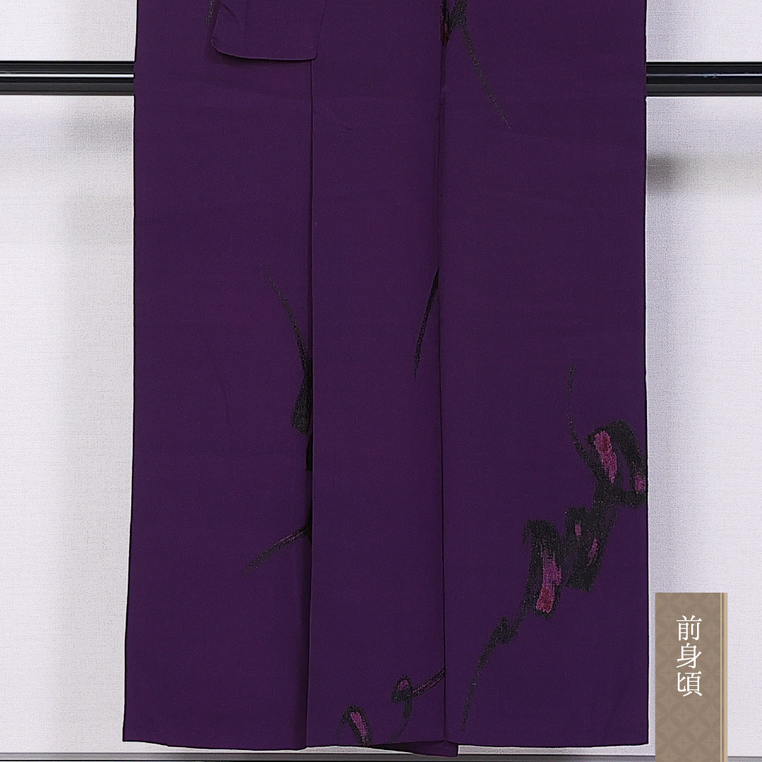 アンティーク お召 袷 身丈148cm 裄丈61cm 正絹 Aランク 広衿 XSサイズ 創作柄 紫系 M4 1222-10831