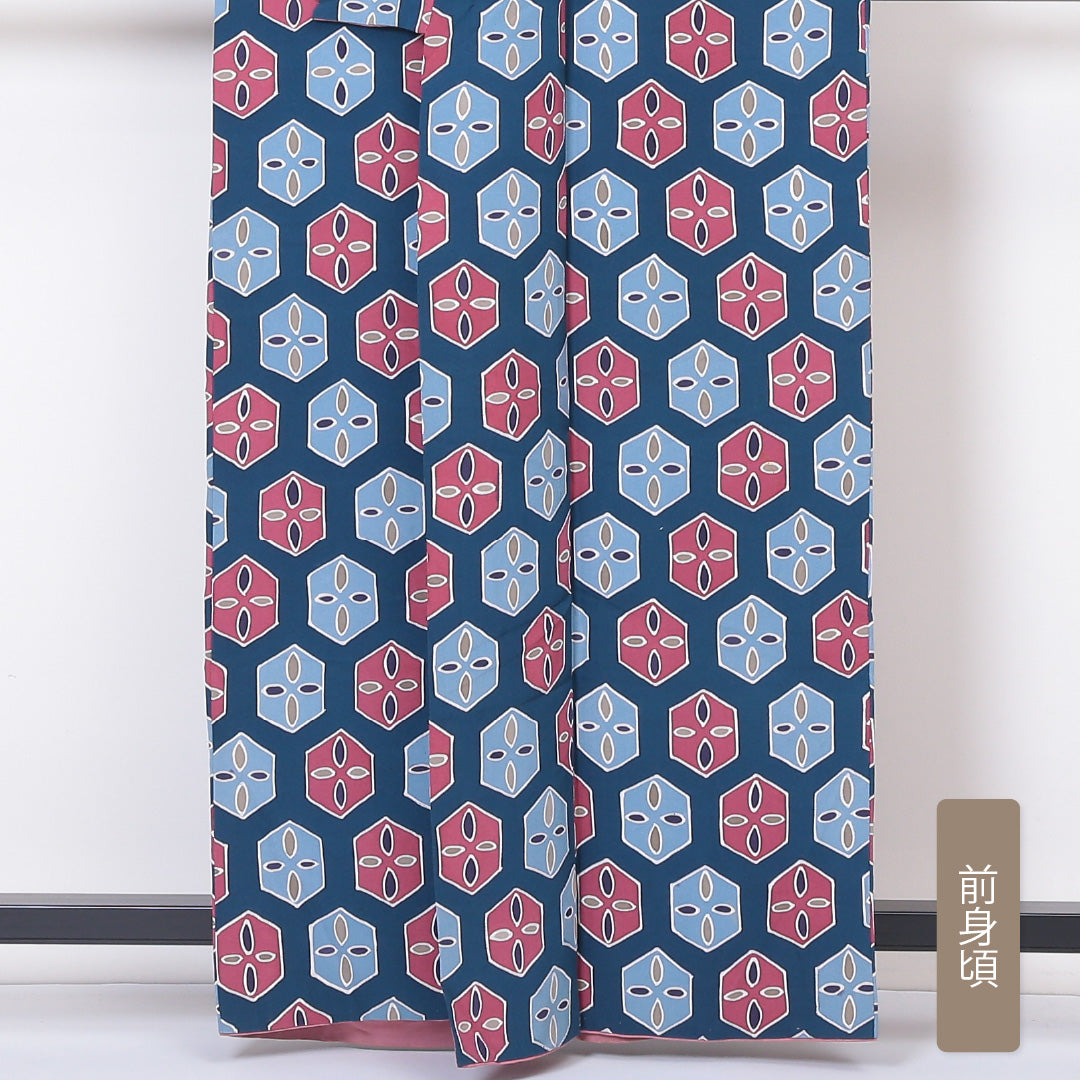 小紋 袷 身丈159cm 裄丈65cm 正絹 Bランク インフォーマル 広衿 Mサイズ 亀甲 青系 HP 1221-01857