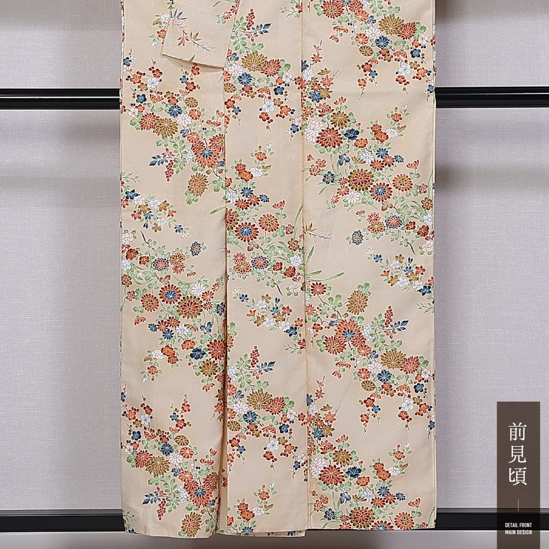 小紋 袷 身丈153cm 裄丈63cm 正絹 Aランク インフォーマル 広衿 Sサイズ 四季草花 クリーム系 RP 1221-11249