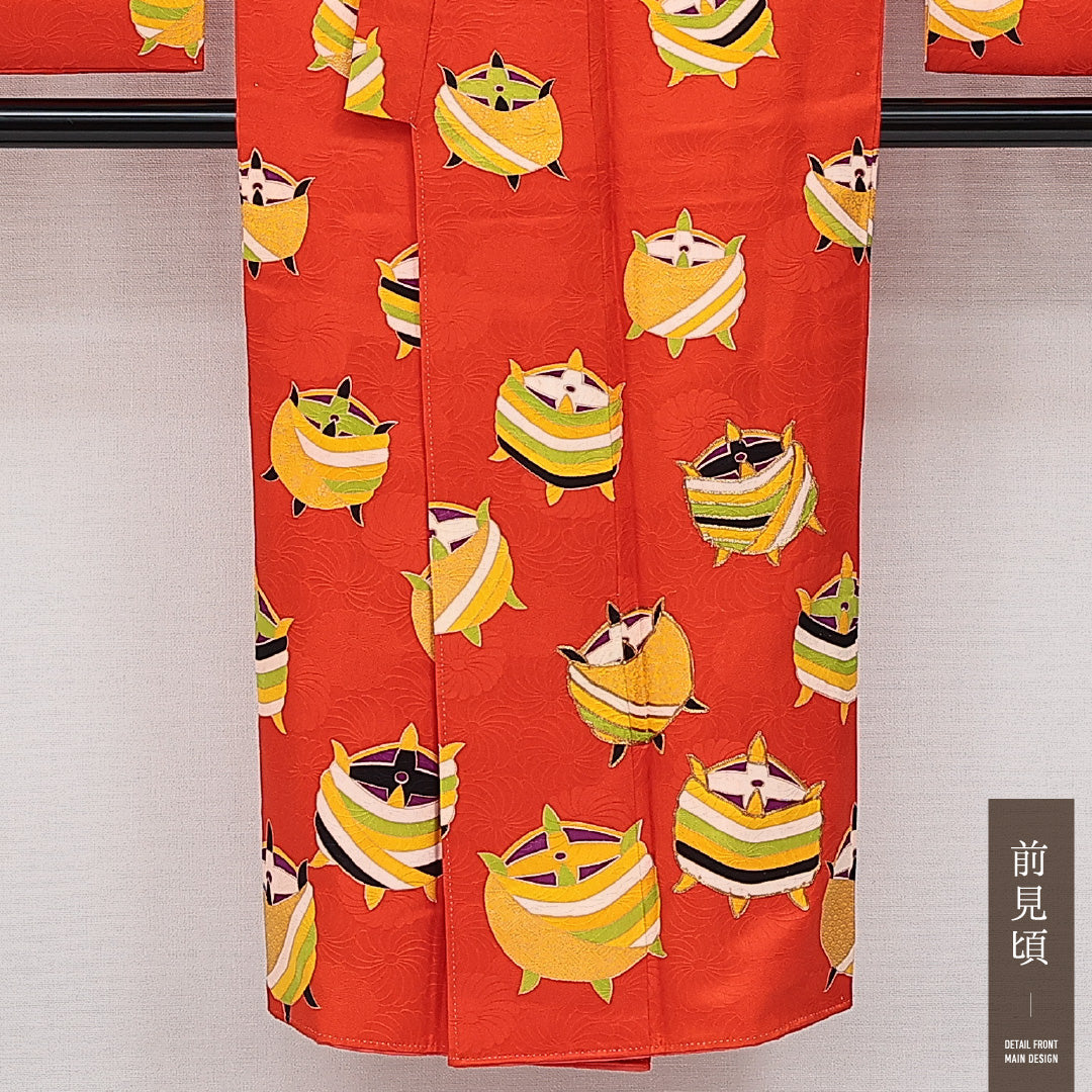 小振袖 身丈142cm 裄丈63.5cm Sランク ポリエステル 洗える着物 袷 バチ衿 XS 糸巻 セミフォーマル レトロ 可愛らしい 朱系 1213-F0627