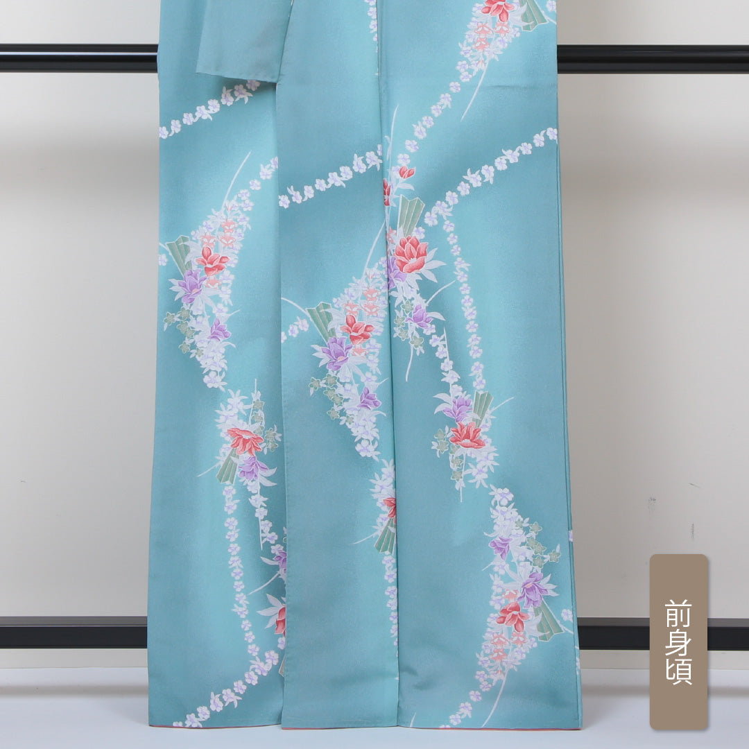 小紋 袷 身丈162cm 裄62cm 緑系 洗える着物 Sランク 1215011532419
