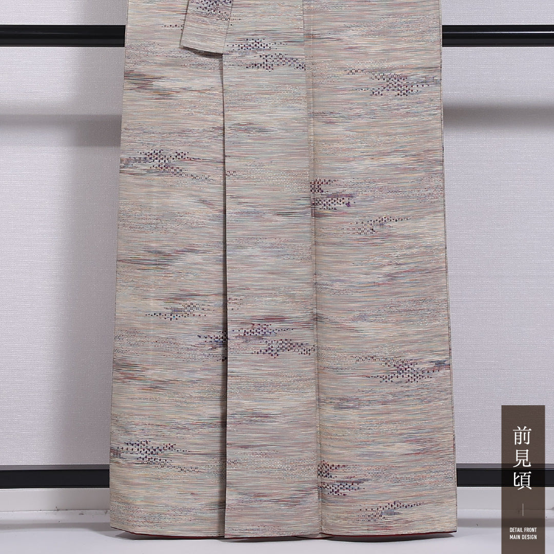 紬 袷 身丈160cm 裄丈64cm 正絹 Sランク カジュアル 広衿 Lサイズ 創作柄 クリーム系 RP 1223-11729