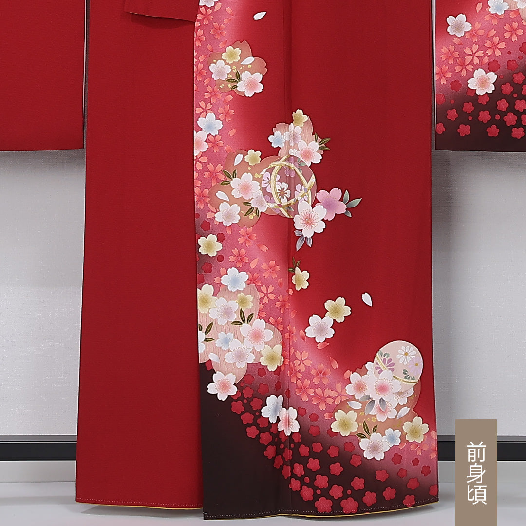 振袖 身丈160cm 裄丈66cm Sランク 正絹 袷 広衿 L 毬 桜 フォーマル 古典的 可愛らしい 赤系 1213-F0507