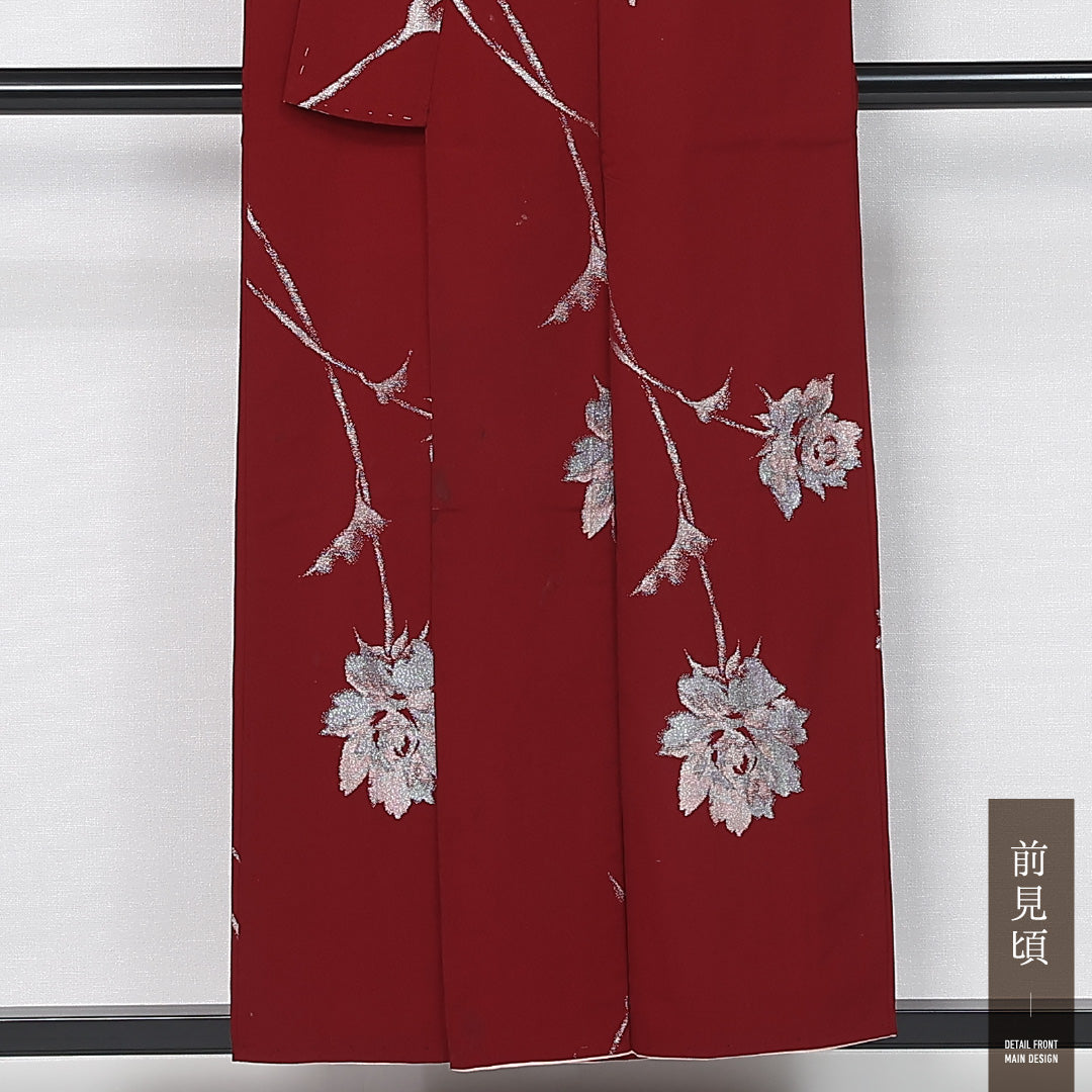 アンティーク お召 身丈153cm 裄丈61cm Dランク S 正絹 袷 広衿 薔薇 漆糸 赤系 1265-11913