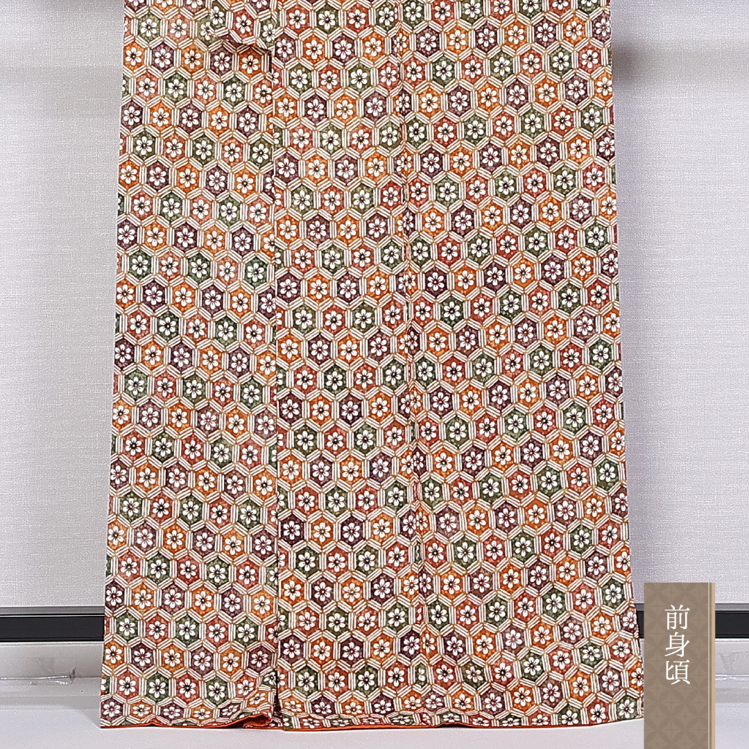 小紋 身丈163cm 裄丈64cm L 正絹 Sランク 袷 バチ衿 花亀甲 1215-10940
