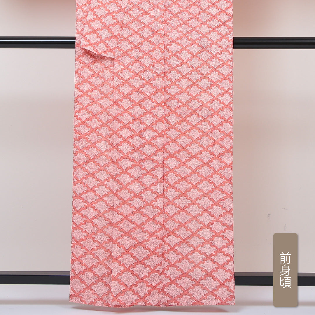 小紋 紗 身丈159cm 裄63cm 朱系 洗える着物 Aランク 夏着物 1215011383316