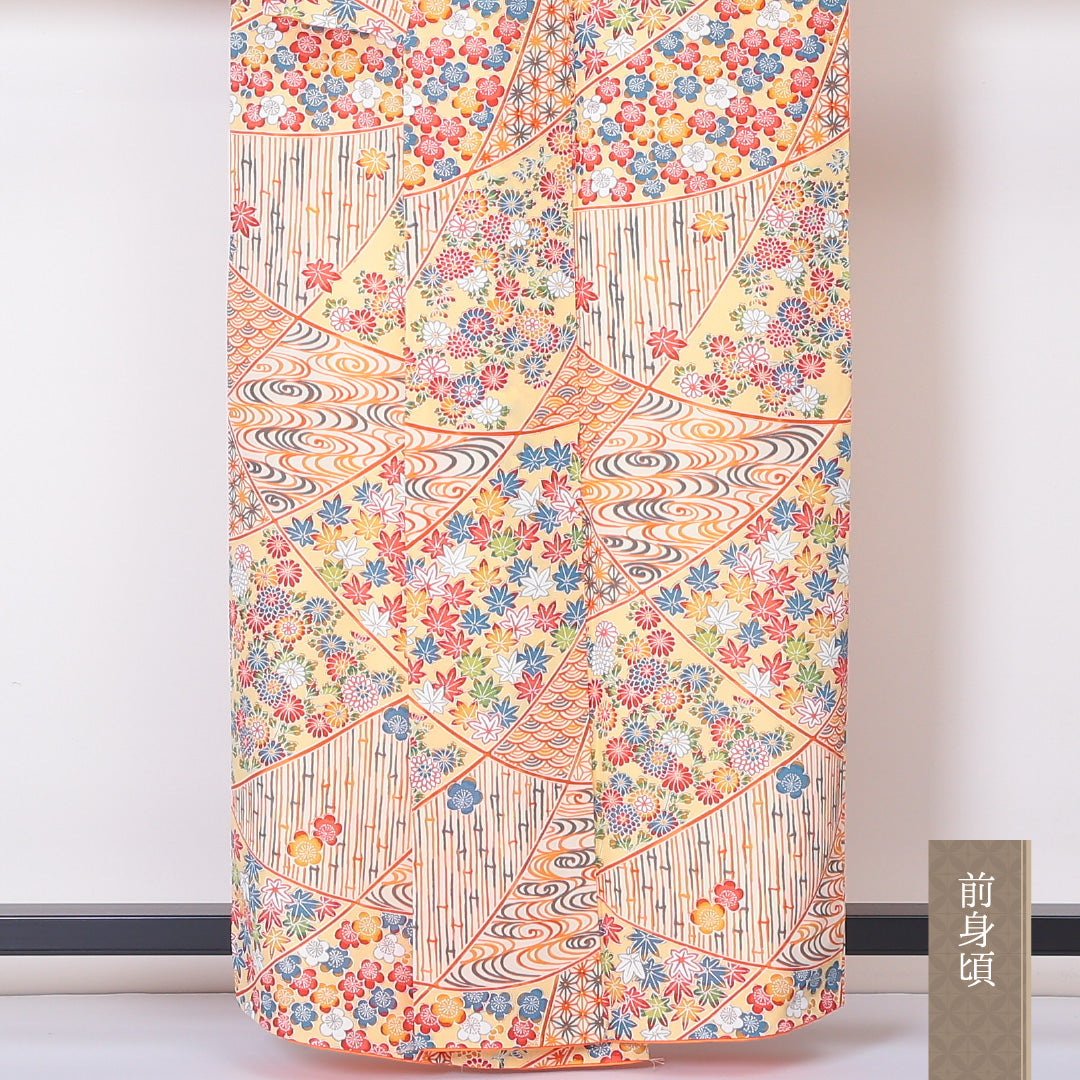 小紋 袷 身丈157cm 裄丈62cm 正絹 Sランク インフォーマル 広衿 Mサイズ 吉祥文様 朱系 RP 1221-01994