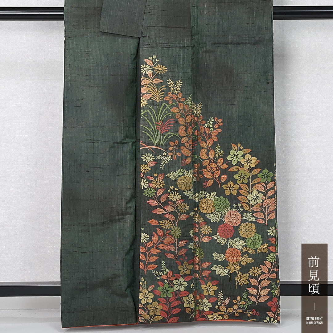 訪問着 袷 身丈160cm 裄丈64cm 正絹 Aランク 一つ紋 (花菱) セミフォーマル 広衿 Lサイズ ぼかし染 花柄 植物柄 緑系 RP 1217-12502