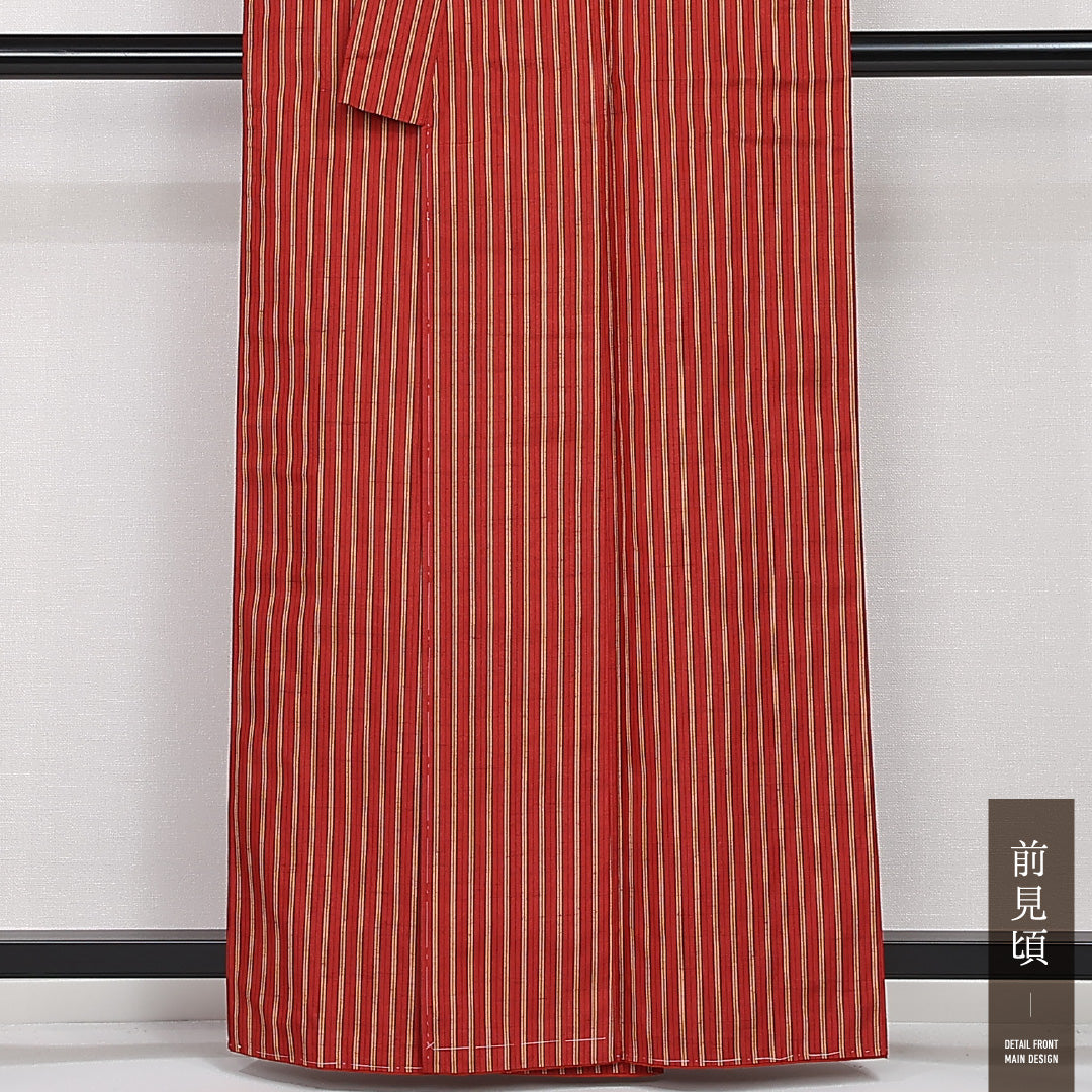 洗える着物 木綿の遠州綿紬 袷 身丈160cm 裄丈64cm 木綿 Sランク カジュアル バチ衿 Lサイズ 縞 赤系 RP 1223-13214