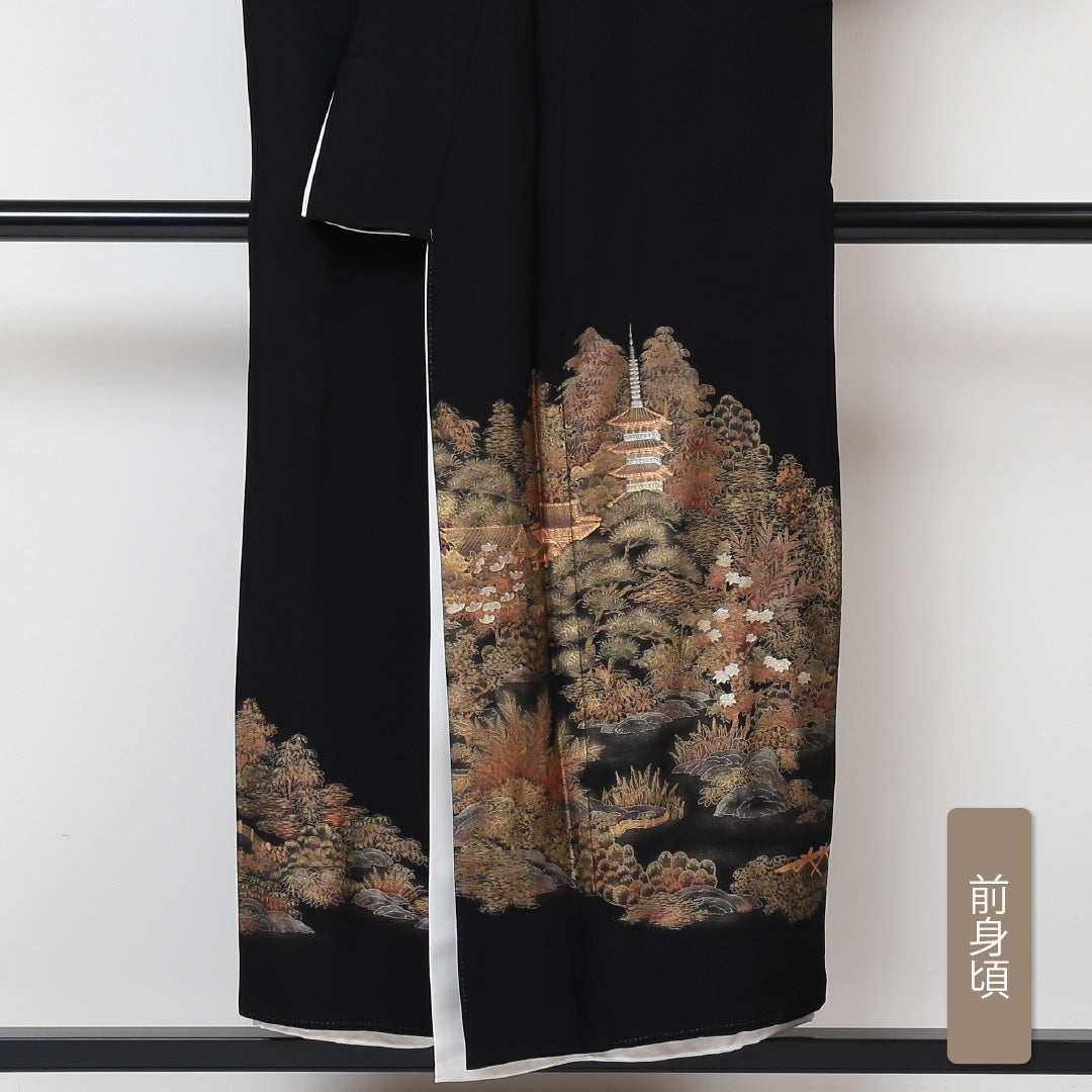 黒留袖 袷 身丈149cm 裄63cm Aランク 五つ紋 正絹 広衿 落款 黒系 1211-00088 1211-00088-3110