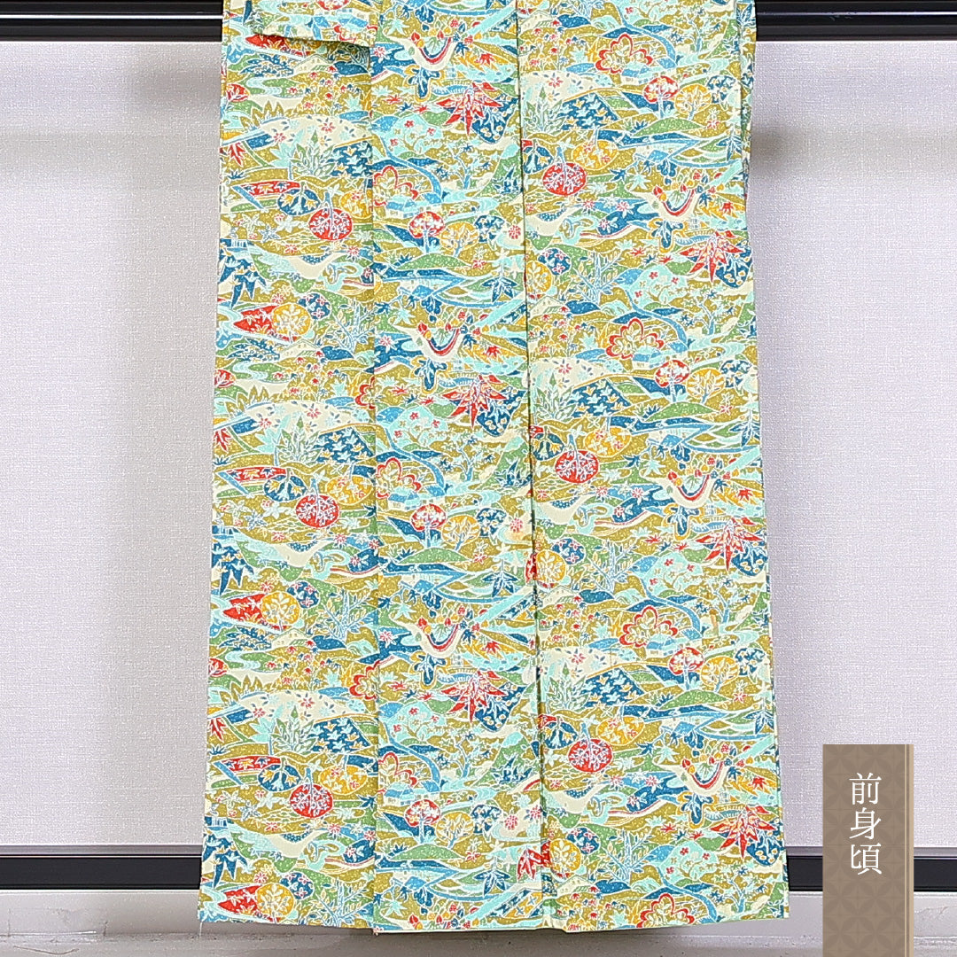 小紋 袷 身丈155cm 裄丈63cm 正絹 Aランク インフォーマル 広衿 Mサイズ 紅型 植物柄 緑系 HP 1221-10568