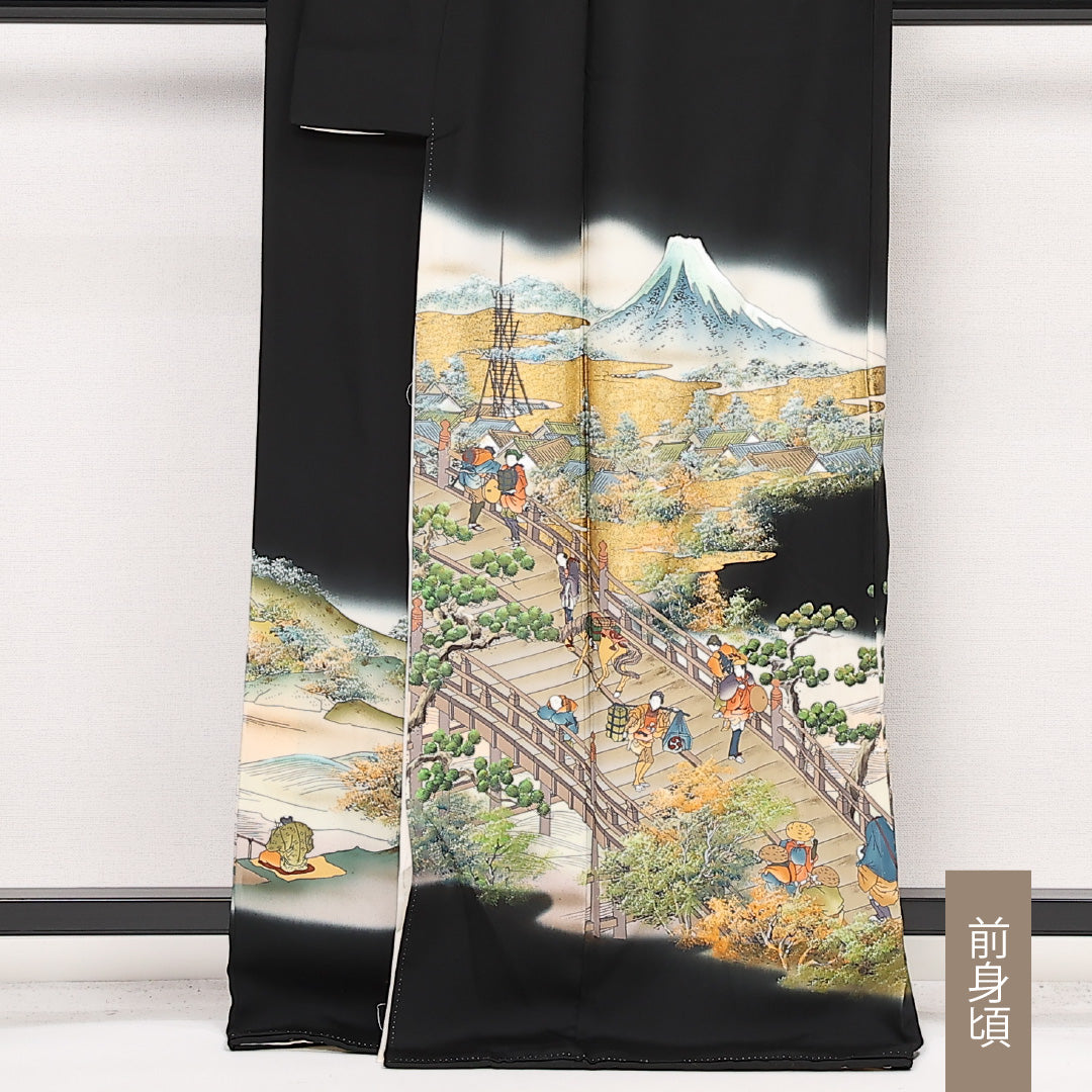黒留袖 五つ紋 下り藤 身丈166cm 裄丈70cm Aランク 正絹 袷 比翼 広衿 XL 落款 東海道五十三次 フォーマル 写実的 存在感 黒系 1211-F0576